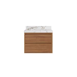 Madison Float 30 in. W x 22 in. D x 36 in. H Single Sink Bath Vanity Center Dark Natural with 2 in. Viola Brown Qt. Top