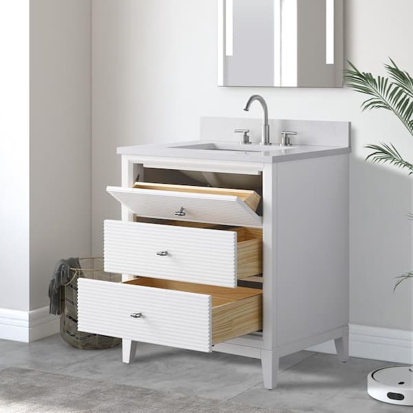 30 in. W Single Sink Freestanding White Bath Vanity Cabinet with Ariston White Engineered Marble Top