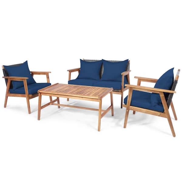 Gymax 4-Pieces Patio Wood Outdoor Loveseat with Navy Cushion with Conversation Set