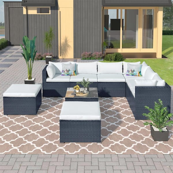 Afoxsos 9-Piece Wicker Outdoor Sectional Sofa Set with Beige Cushions, 3 Armless Sofa, 3 Corner Sofa, 2 Ottoman, 1 Coffee Table