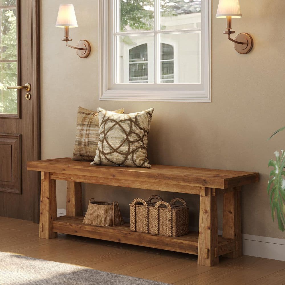13.77 in. x 55.11 in. Natural Brown Solid Wood Shoe Storage Bench with Open Shelf, Entryway Bench for Hallway, Home
