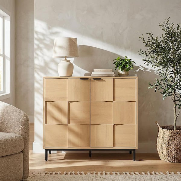Modern 32.87 in. H Light Oak Finish Checkered MDF Wood Rectangle Accent Storage Cabinet with Shelves