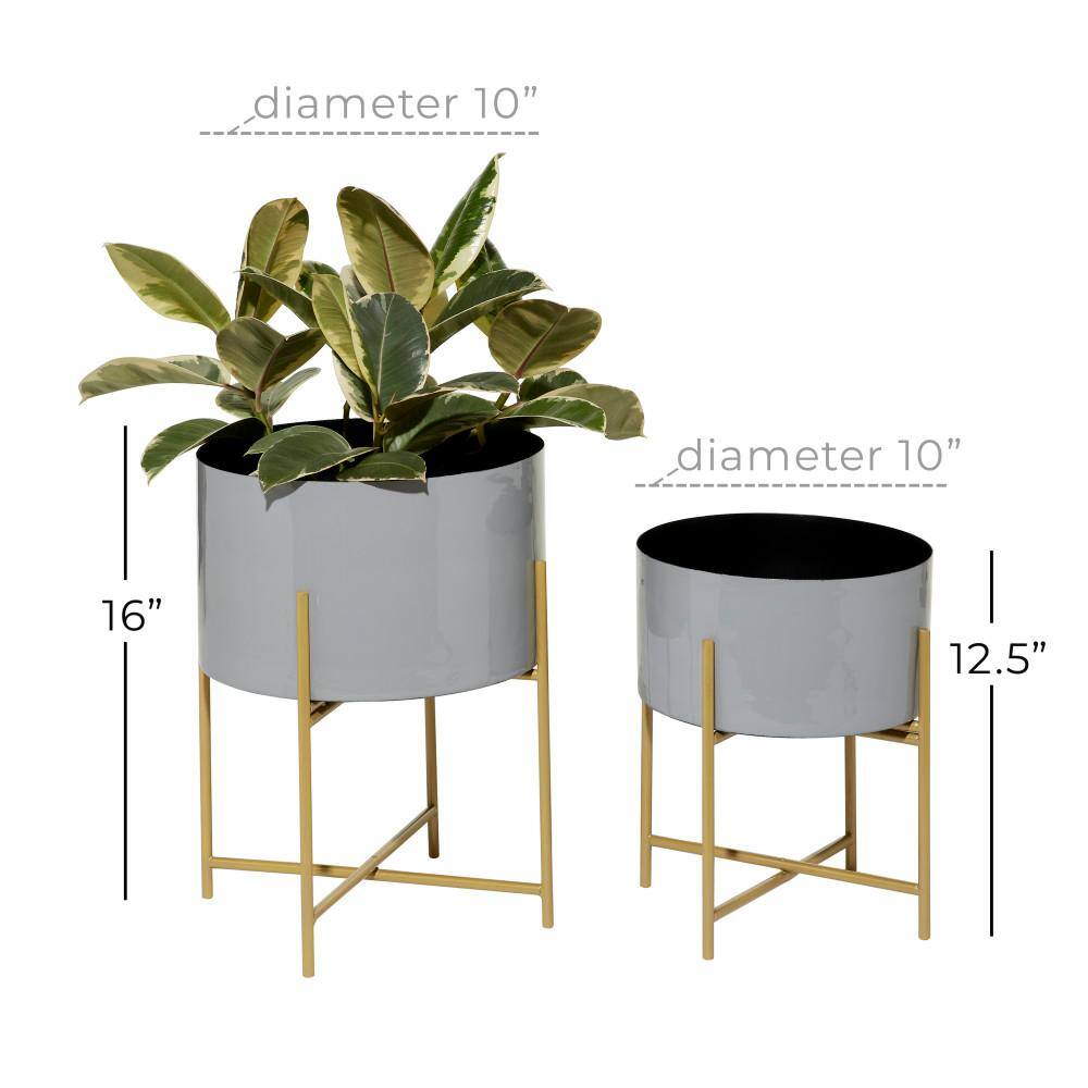 Gray Metal Indoor Outdoor Planters with Gold Stands, Set of 2