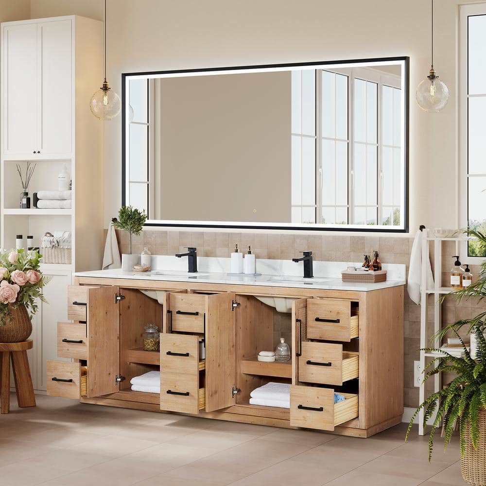 Floral 84" Light Brown Fir Wood Vanity with Calacatta White Quartz Top and Mirror