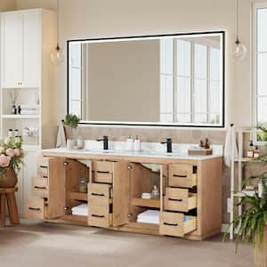 Floral 84 in. W x 22 in. D x 33 in. H Double Sink Bath Vanity in Ligth Brown with White Quartz Countertop and Mirror