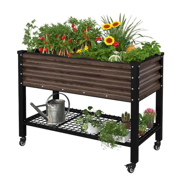 48 in. L x 25 in. W x 34 in. H Carbonized Galvanized Steel Raised Garden Bed with Lockable Wheels and Drainage Function