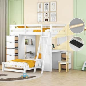 White Twin Over Twin Bunk Bed with LED Light and USB Ports