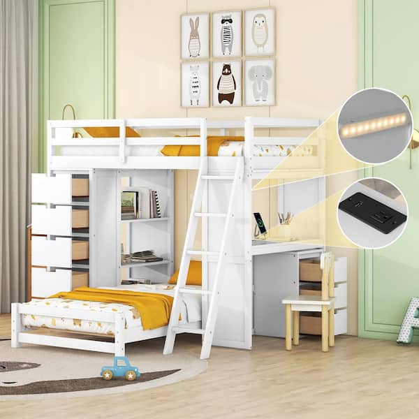 White Twin Over Twin Bunk Bed with LED Light and USB Ports