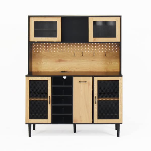 COWLOWN Brown Wood Pantry Organizer with Buffet Sideboard Cabinet with Storage Door and Power Outlet and Wine Rack