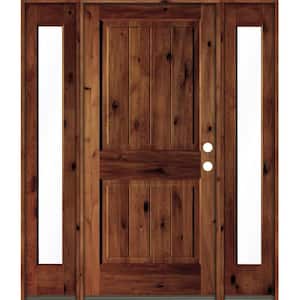 64 in. x 80 in. Rustic Alder Square Red Chestnut Stained Wood V-Groove Left Hand Single Prehung Front Door