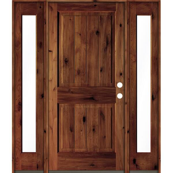 Krosswood Doors 64 in. x 80 in. Rustic Alder Square Red Chestnut Stained Wood V-Groove Left Hand Single Prehung Front Door