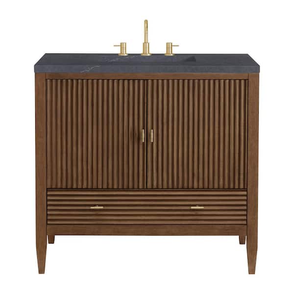 James Martin Vanities Myrrin 36.0 in. W x 23.5 in. D x 34.06 in. H Single Bathroom Vanity Mid-Century Walnut and Charcoal Soapstone Quartz Top