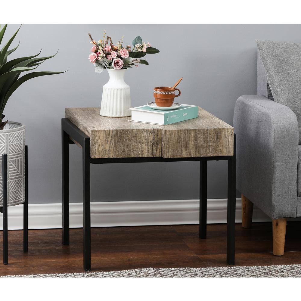Rustic Oak & Black Metal Dual-Tier End Table