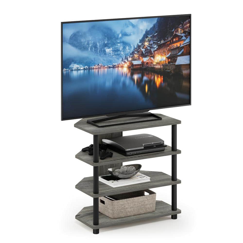 French Oak Grey and Black 4-Tier TV Stand with PVC Tubes