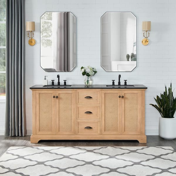 ROSWELL Hervas 72 in.W x 22 in.D x 33.8 in.H Double Sink Bath Vanity in Fir Brown with Black Celestite Marble Top