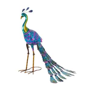 28 in. Tall Outdoor Metallic Peacock Standing Yard Statue Decoration, Multicolor