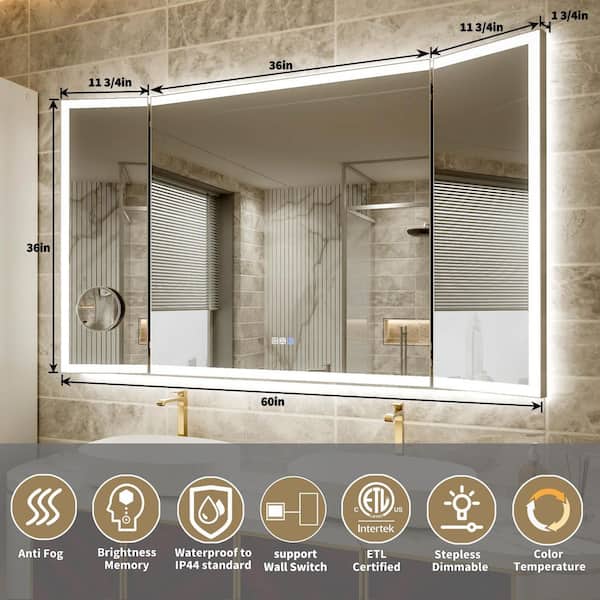 AZDHOME 60 in. W x 36 in. H Rectangular Frameless Wall Mounted Tri