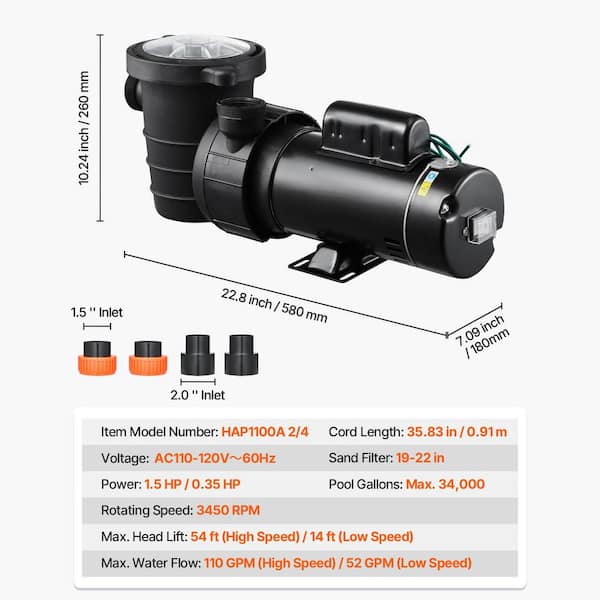 SKYSHALO Above Ground Pool Pump, 1. 5HP/0. 35HP, High 110 GPM 54