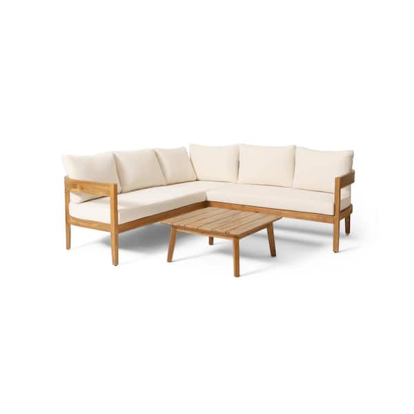 Burrough Teak 3-Piece Wood and Wicker Outdoor Patio Conversation Set with Beige Cushions