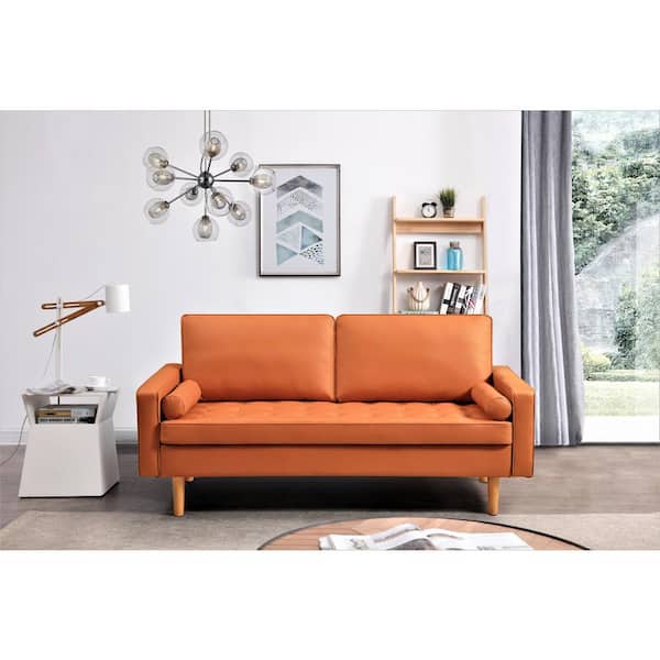 US Pride Furniture 69.68 in. Square Arm 3-Seater Faux Leather Mid-Century Modern Straight in Red Orange S5753-S - The Depot
