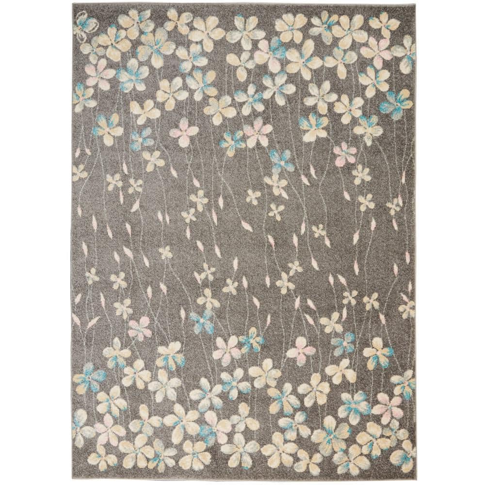 Grey and Beige Floral Synthetic 6' x 9' Area Rug