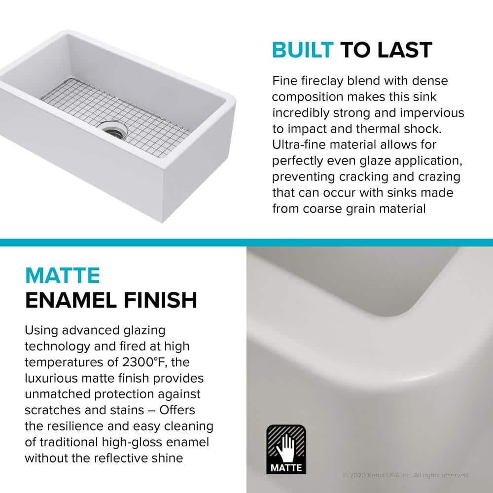 Matte White Fireclay Farmhouse Single Bowl Kitchen Sink