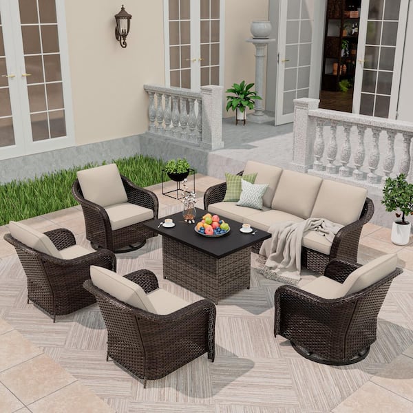 6-Piece Patio Wicker Outdoor Patio Conversation Set with Fire Pit Table, Beige Cushions and Swivel Rocking Chairs
