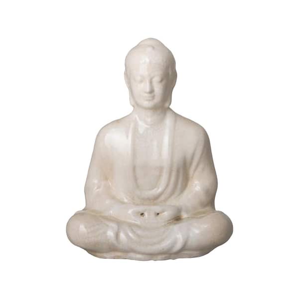 Emissary White Crackle Ceramic Meditating Buddha Garden Statue