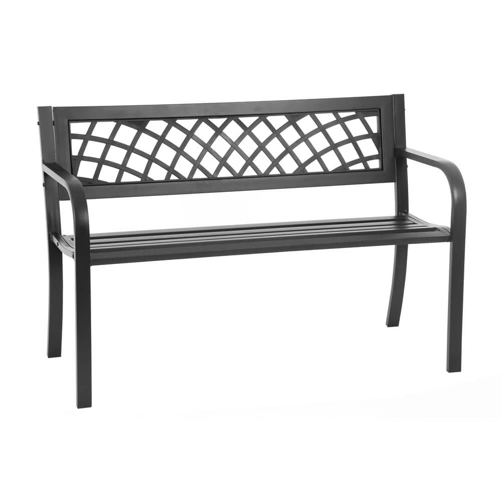 Misty Black Steel Outdoor Bench with Ergonomic Armrests