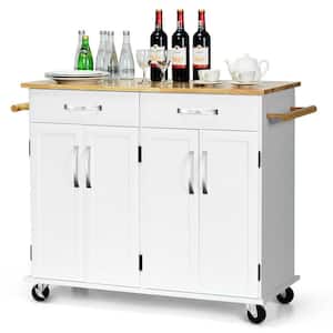 White Kitchen Cart with Natural Wood Top and Cabinet Storage