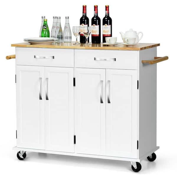 Costway White Kitchen Cart with Natural Wood Top and Cabinet Storage