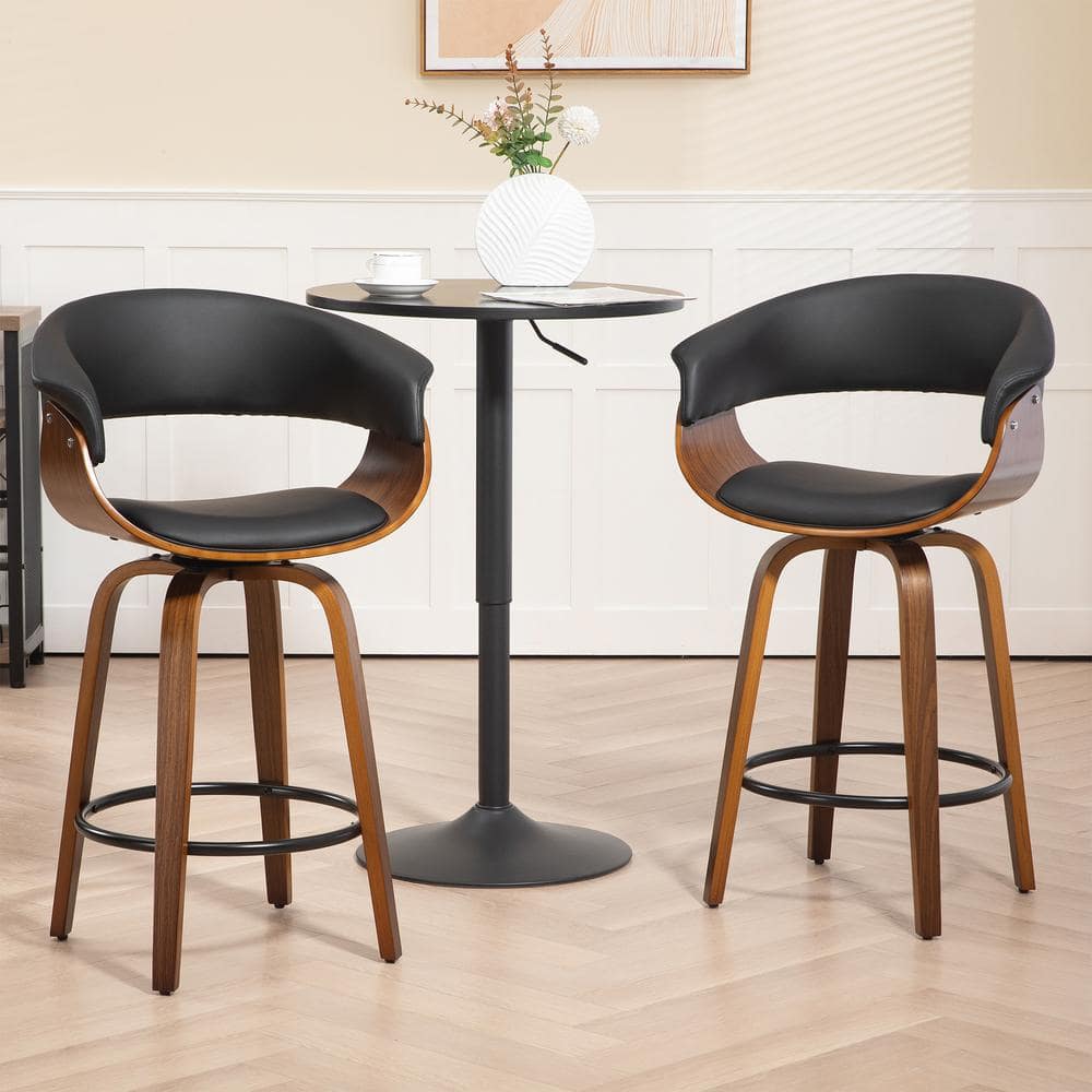 Beale Black Faux Leather Counter Stool with Walnut Wood Legs