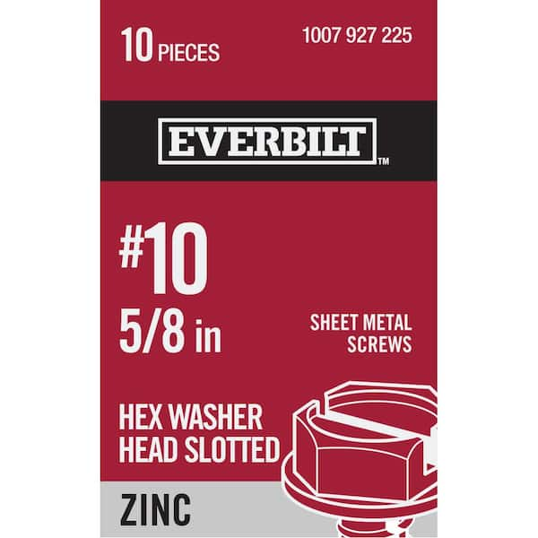 Everbilt #10 x 5/8 in. Slotted Hex Head Zinc Plated Sheet Metal Screw (10-Pack)