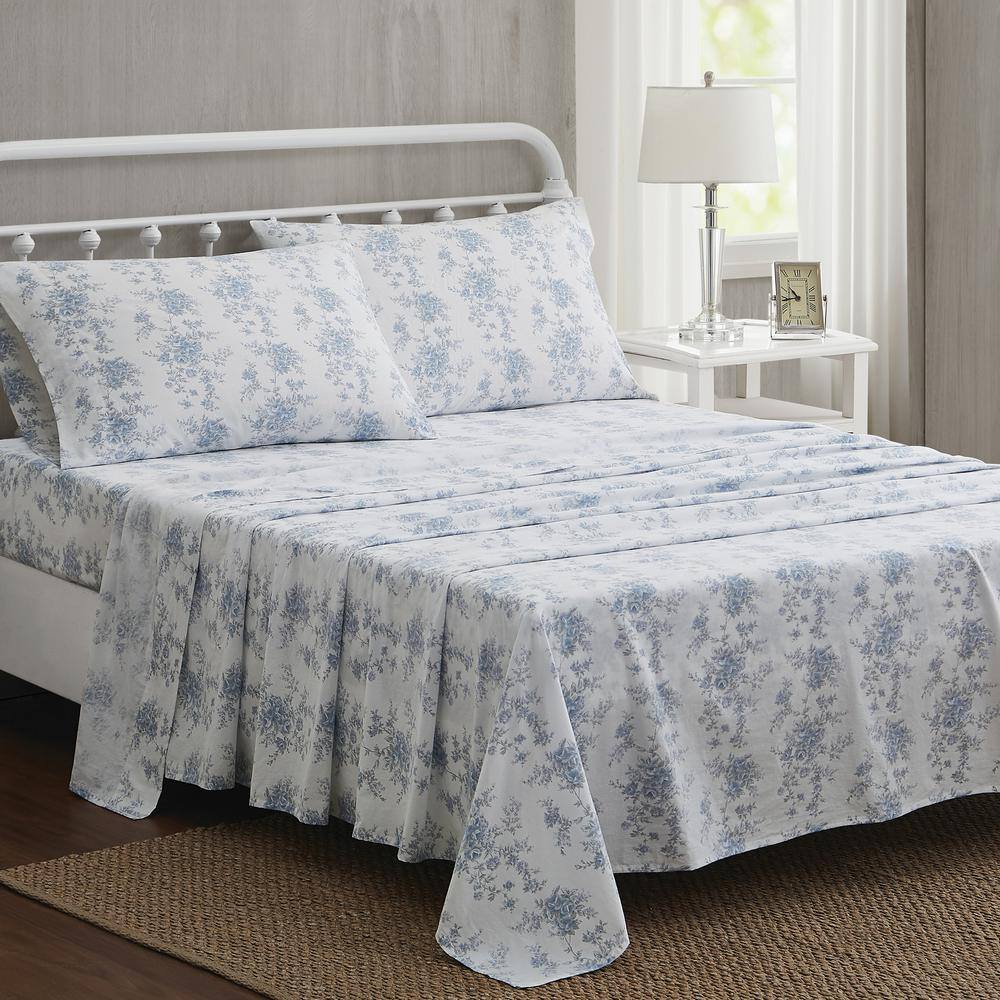 King White and Blue Cotton Floral Percale Sheet Set