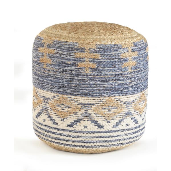 HomeRoots Amelia Blue Cotton Round Accent Ottoman