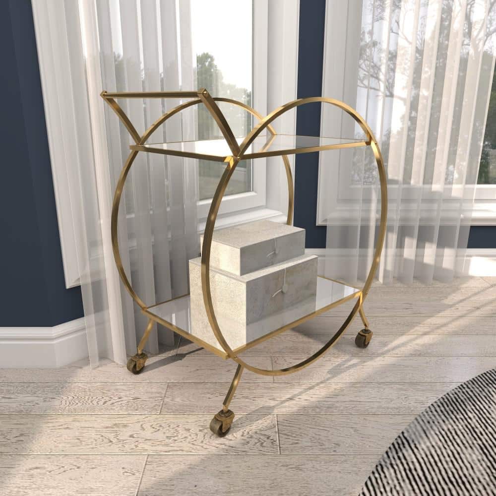 Elegant Gold Metal Bar Cart with Mirrored Shelves and Wheels