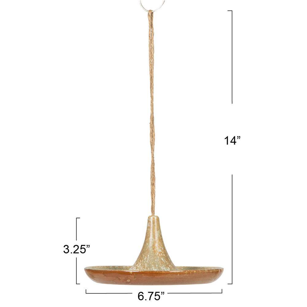 Tan Reactive Glaze Ceramic Hanging Bird Feeder with Jute Hanger