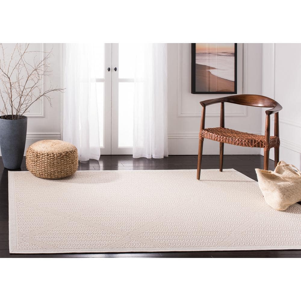Cream Beige Geometric Synthetic Indoor Outdoor Area Rug