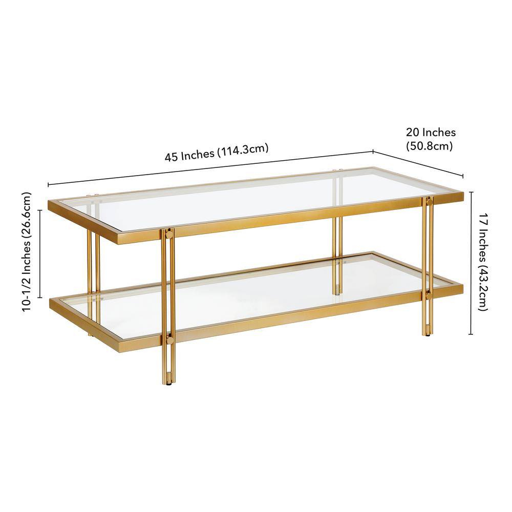 Modern Brass Finish Rectangular Coffee Table with Glass Storage Shelf