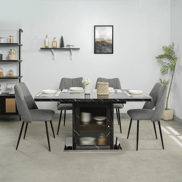 White Faux Marble 63 in. Double Pedestal Base Dining Table with Storage and Extendable Top for 6-8 Seating