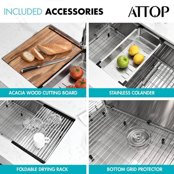 Akicon AK-WS301909R10 304 Stainless Steel 30 in. Single Bowl Undermount Workstation Kitchen Sink with Grid Cutting Board Colander Drying Rack Strainer