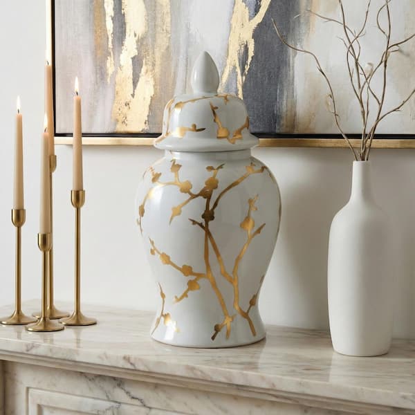 Liv & Skye 14 in. White and Gold Ceramic Cherry Blossom Temple Jar