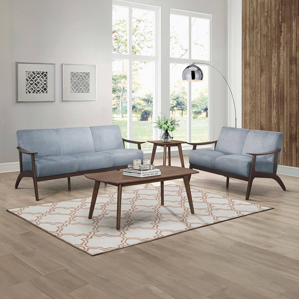 Carlson Blue Gray Velvet Loveseat with Dark Walnut Wood Frame