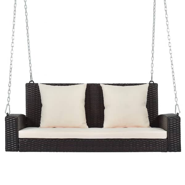 cenadinz 2-Person Wicker Hanging Porch Swing with Chains Beige Cushion Pillow Rattan Swing Bench for Garden Backyard Brown Wicker