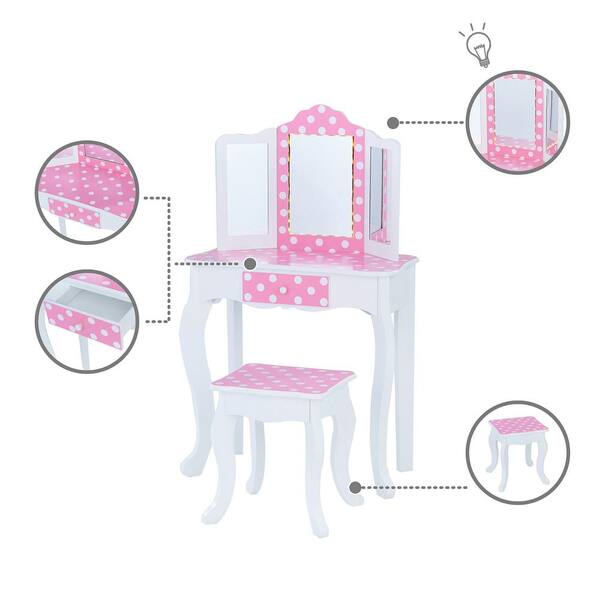 Teamson Kids - Fashion Polka Dot Prints Gisele Play Vanity Set with LED Mirror Light - White / Gold