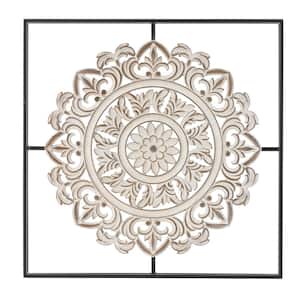 Distressed White Wood Flower Iron Square Wall Applique Decor