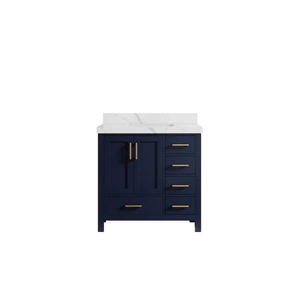 Willow Collections Malibu 36 in. W x 22 in. D x 36 in. H Single Sink Bath Vanity Center in Navy Blue with 2 in. Calacatta Quartz Top
