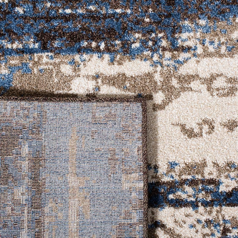 Cream and Blue Abstract Hand-Knotted Shag Rug, 6' x 6'
