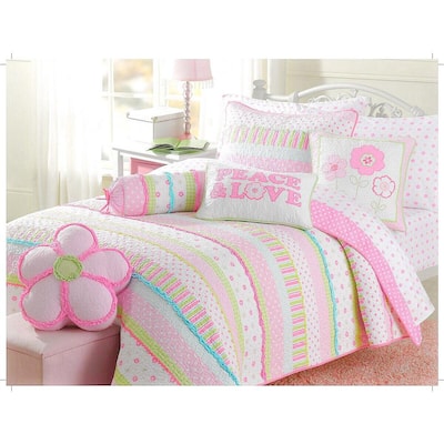 Flower Dot Stripe Plaid Ruffled 5 Piece, Little Girl Bedding Sets Pink