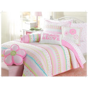 Peace and Love Flower Dot Stripe Ruffled 6-Piece Pink Blue Green White Cotton Full/Queen Quilt Bedding Set Decor Pillows